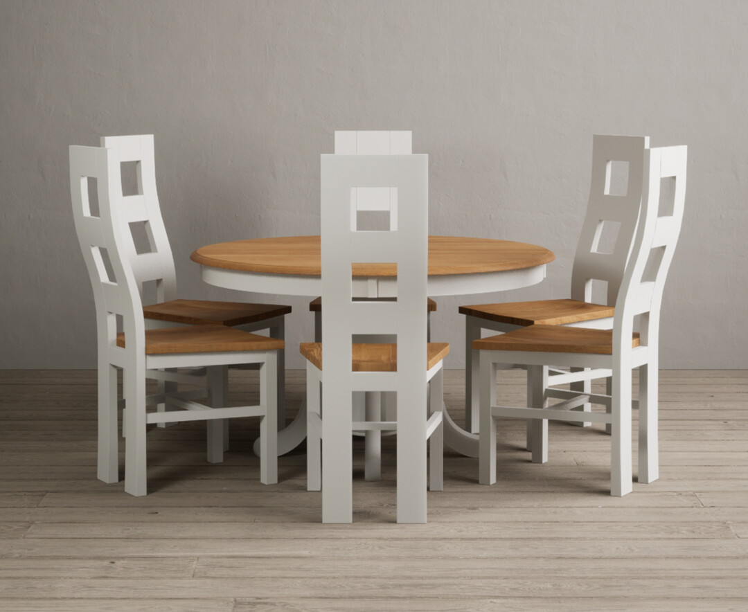 Hertford 120cm Fixed Top Oak And Signal White Painted Dining Table With 4 Brown Natural Chairs