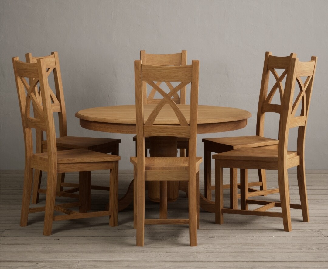 Hertford 120cm Fixed Top Solid Oak Dining Table With 6 Blue Natural Solid Oak Chairs