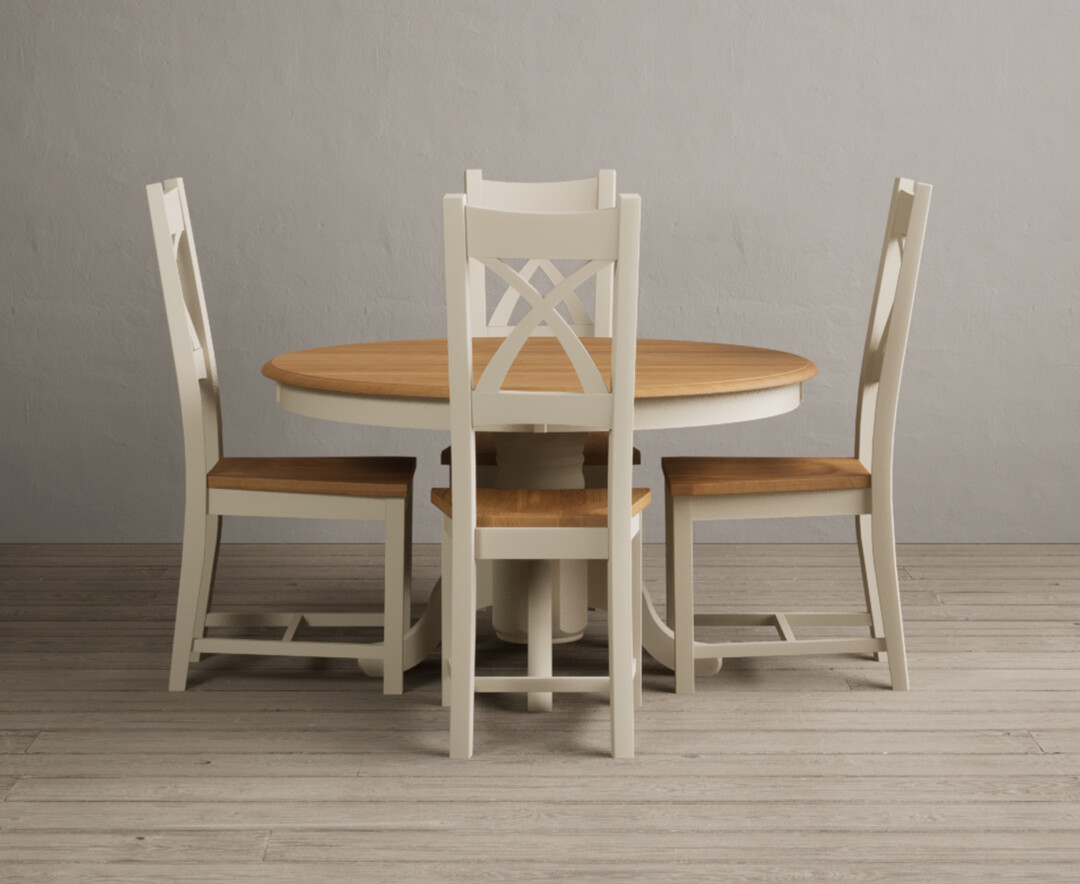 Hertford 120cm Fixed Top Oak And Cream Painted Dining Table With 6 Light Grey Painted Chairs