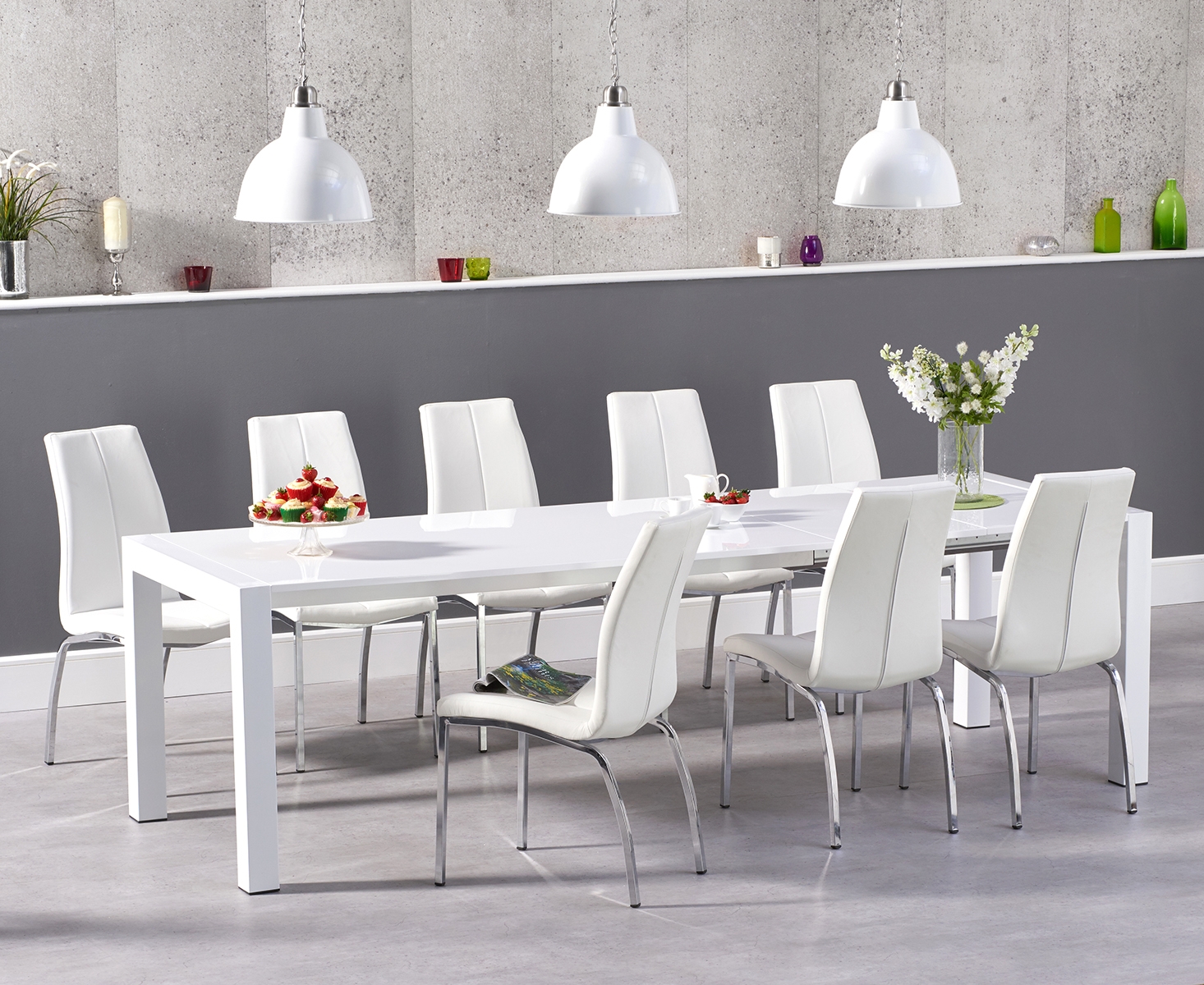 Extending Cleveland White High Gloss Dining Table With 8 Ivory White Marco Chairs