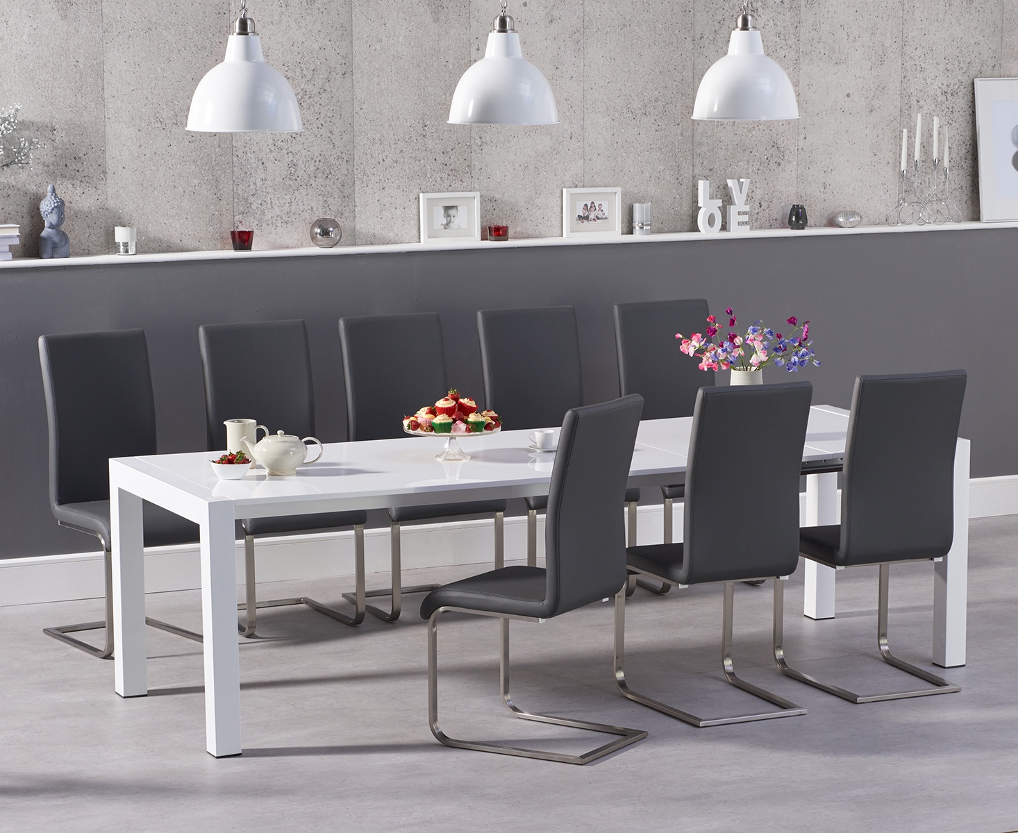 Extending Cleveland White High Gloss Dining Table With 6 Grey Austin Chairs