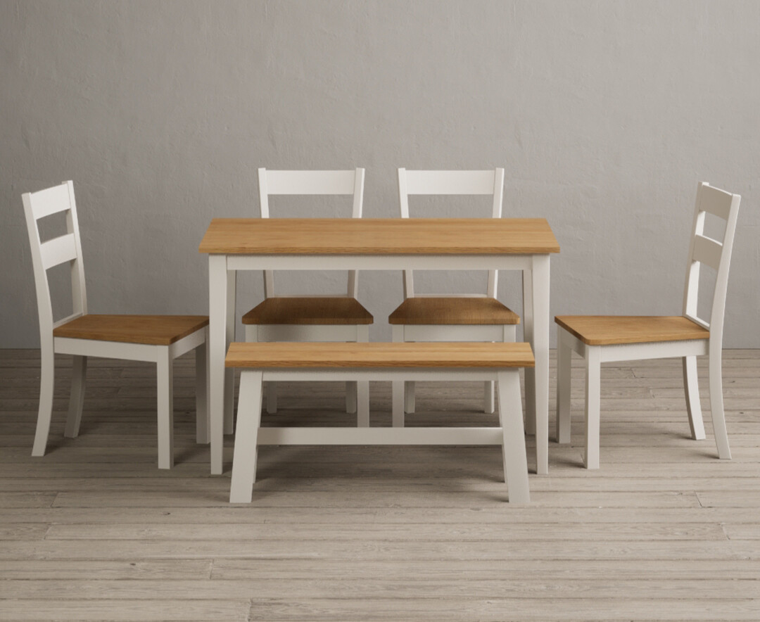 Kendal 115cm Solid Oak And Cream Painted Dining Table With 4 Oak Kendal Chairs With 2 Oak And Cream Benches