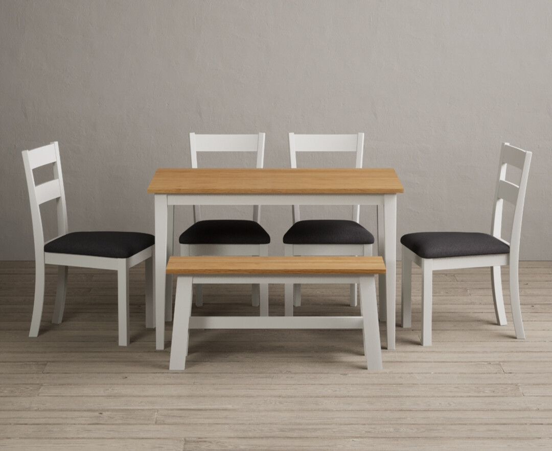 Kendal 115cm Solid Oak And Signal White Painted Dining Table With 2 Light Grey Kendal Chairs With 1 Oak And White Bench