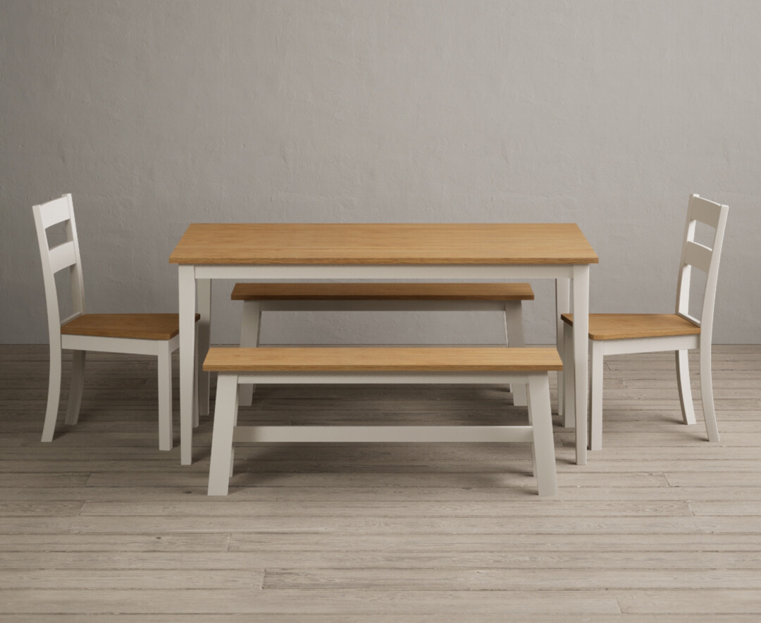 Kendal 150cm Solid Oak And Cream Painted Dining Table With 4 Brown Kendal Chairs With 2 Oak And Cream Benches