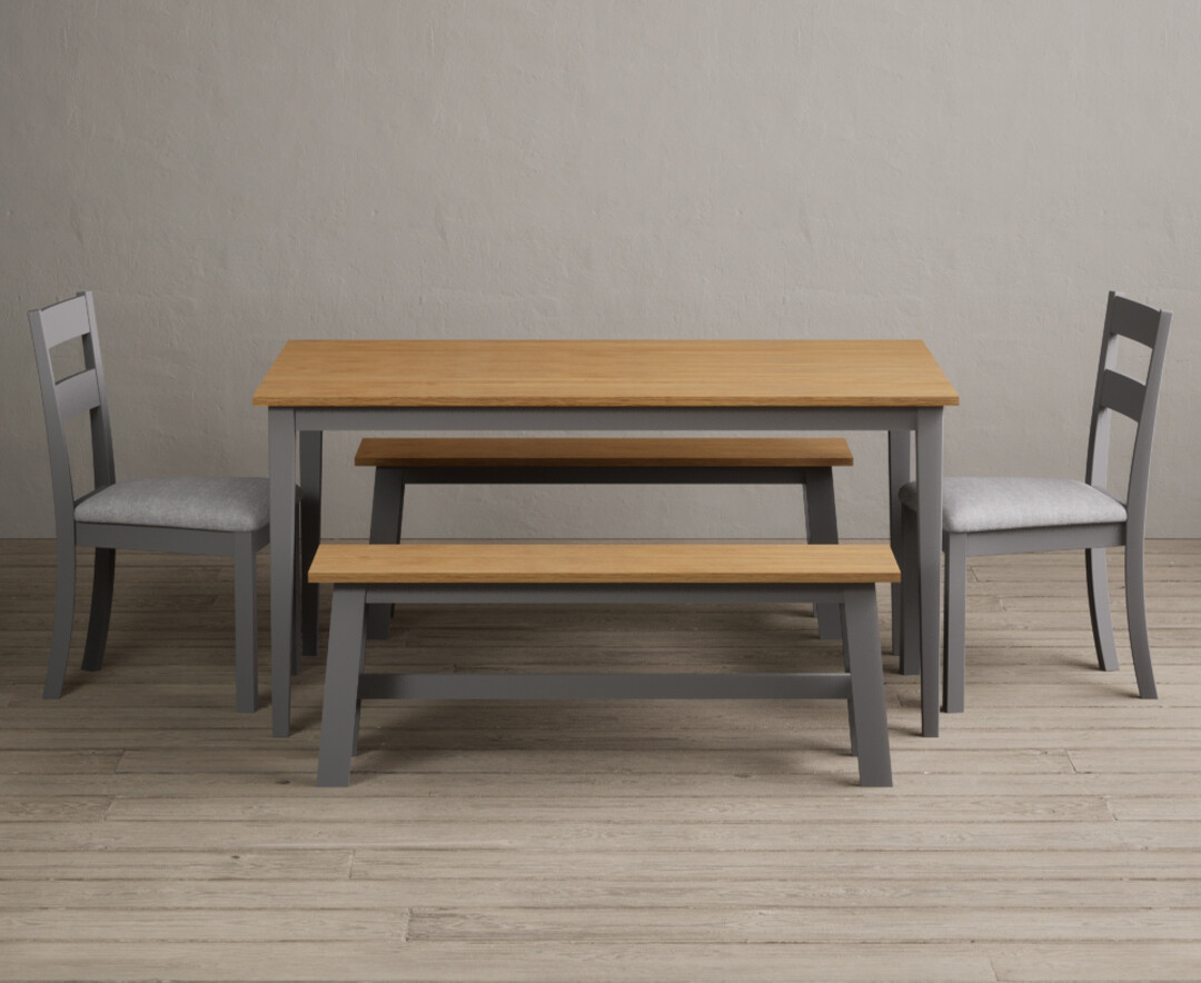 Kendal 150cm Solid Oak And Light Grey Painted Dining Table With 4 Light Grey Kendal Chairs With 1 Oak And Grey Bench