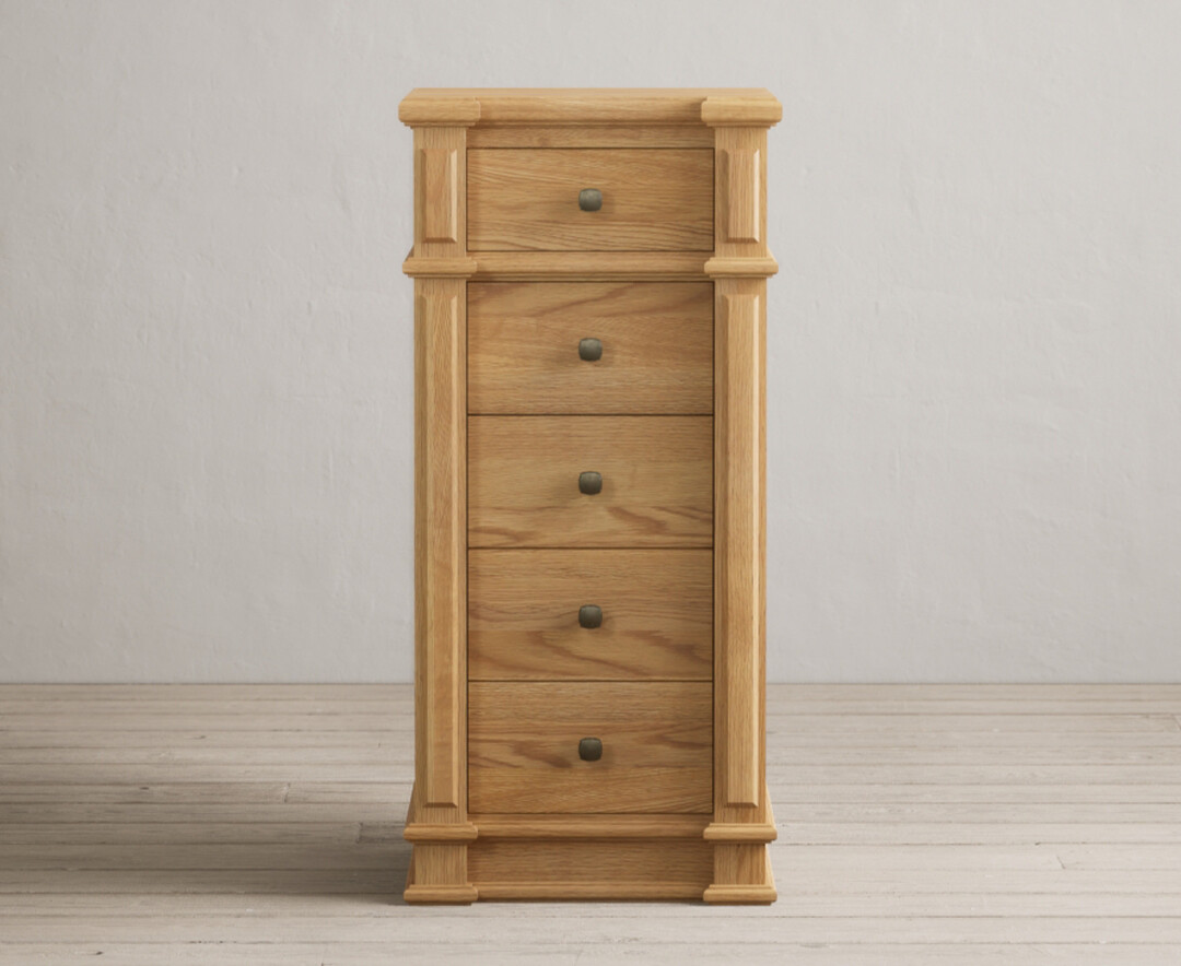 Product photograph of Lawson Solid Oak 5 Drawer Tallboy from Oak Furniture Superstore
