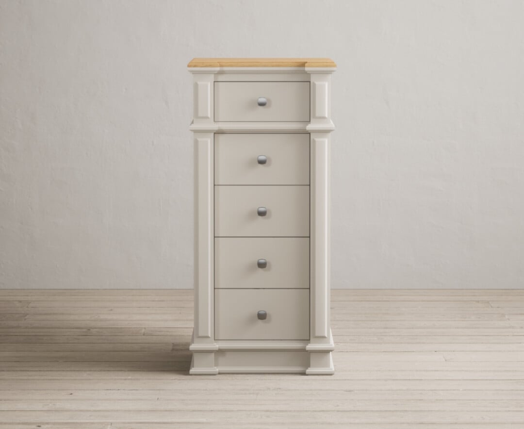 Product photograph of Lawson Oak And Soft White Painted 5 Drawer Tallboy from Oak Furniture Superstore