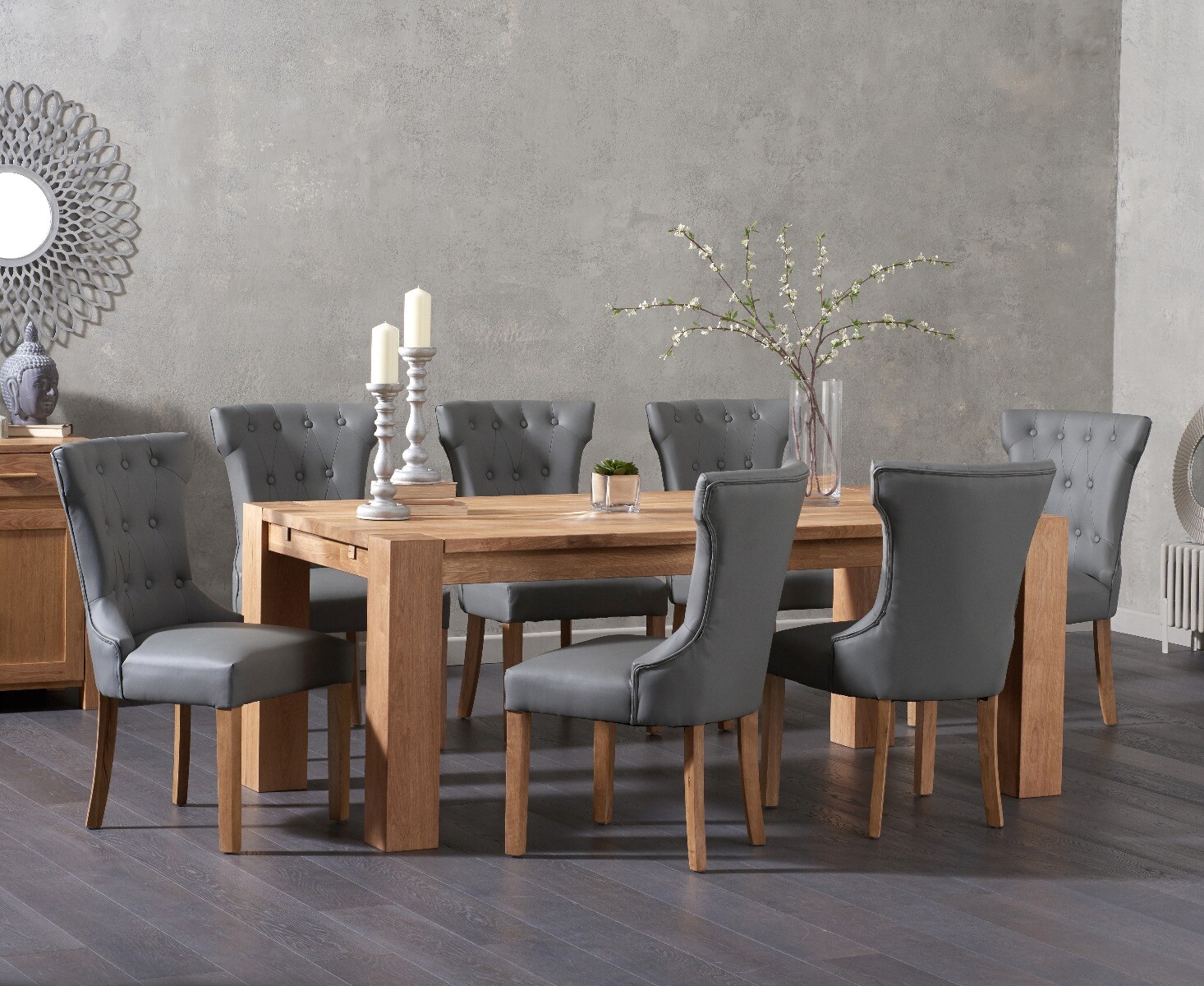 Product photograph of Sheringham 240cm Solid Oak Dining Table With 8 Grey Clara Chairs from Oak Furniture Superstore