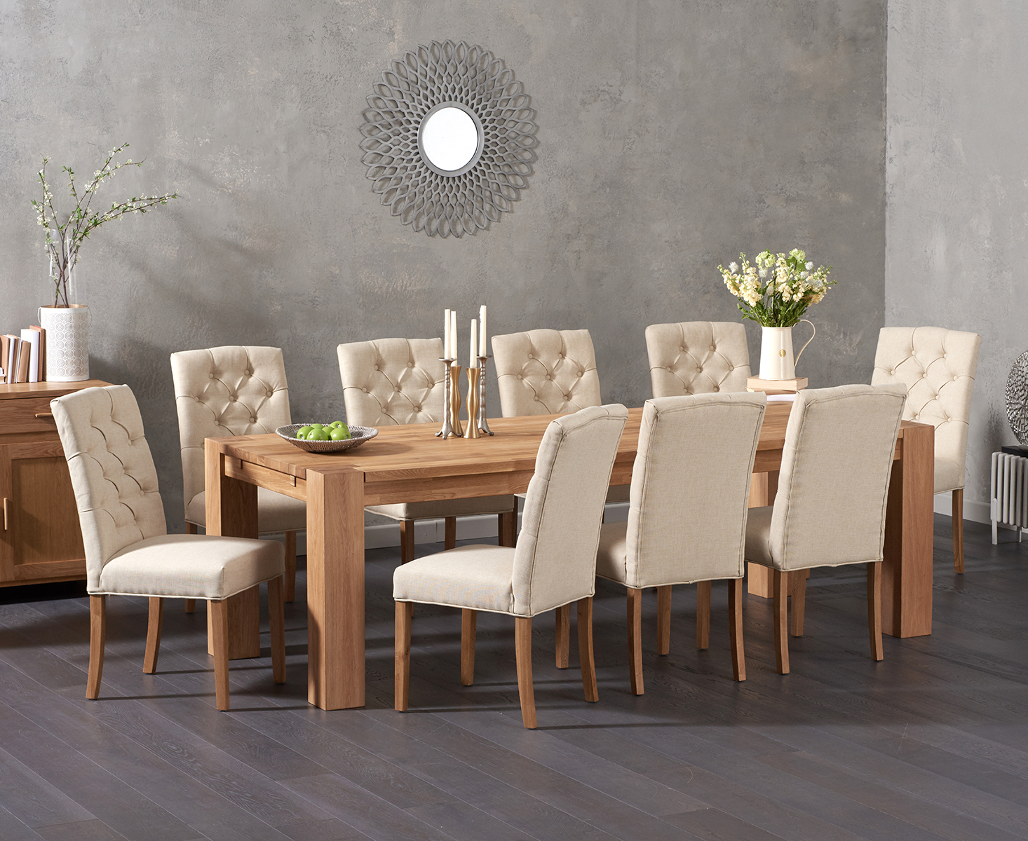 Product photograph of Sheringham 240cm Solid Oak Dining Table With 8 Natural Isabella Chairs from Oak Furniture Superstore