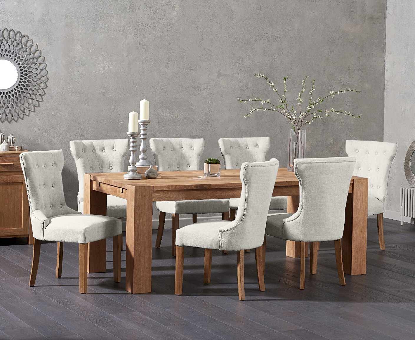 Sheringham 200cm Solid Oak Dining Table With 6 Natural Clara Fabric Chairs