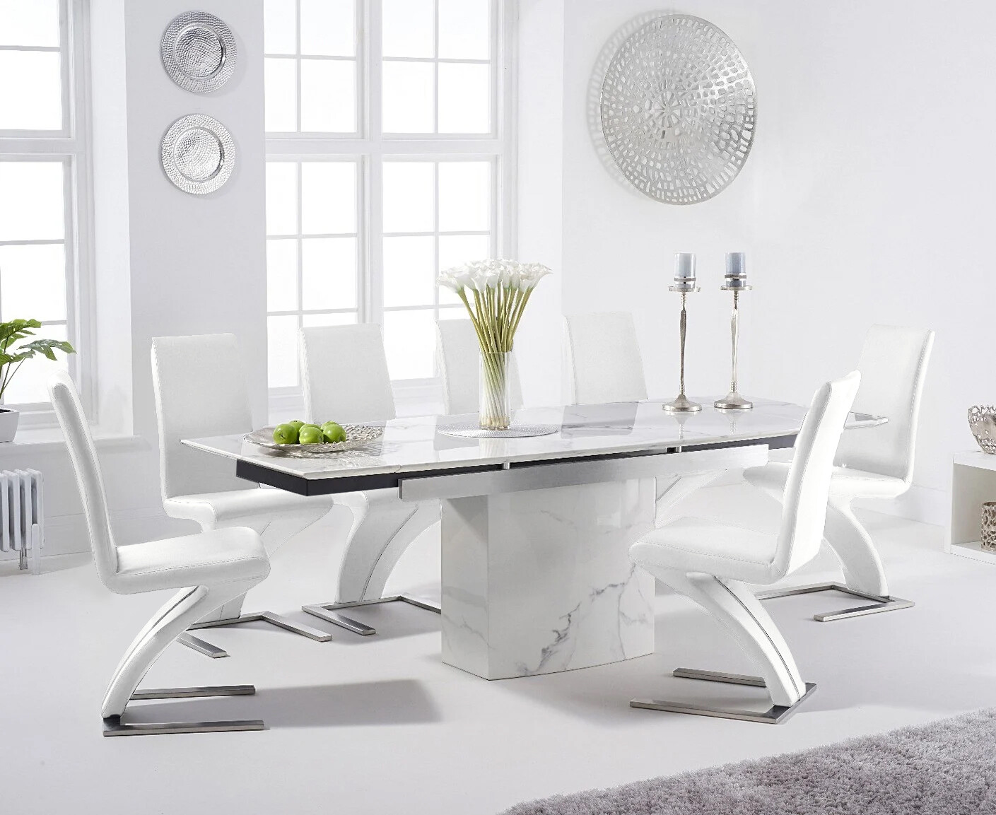 Extending Savona 160cm White Marble Dining Table With 8 White Aldo Chairs
