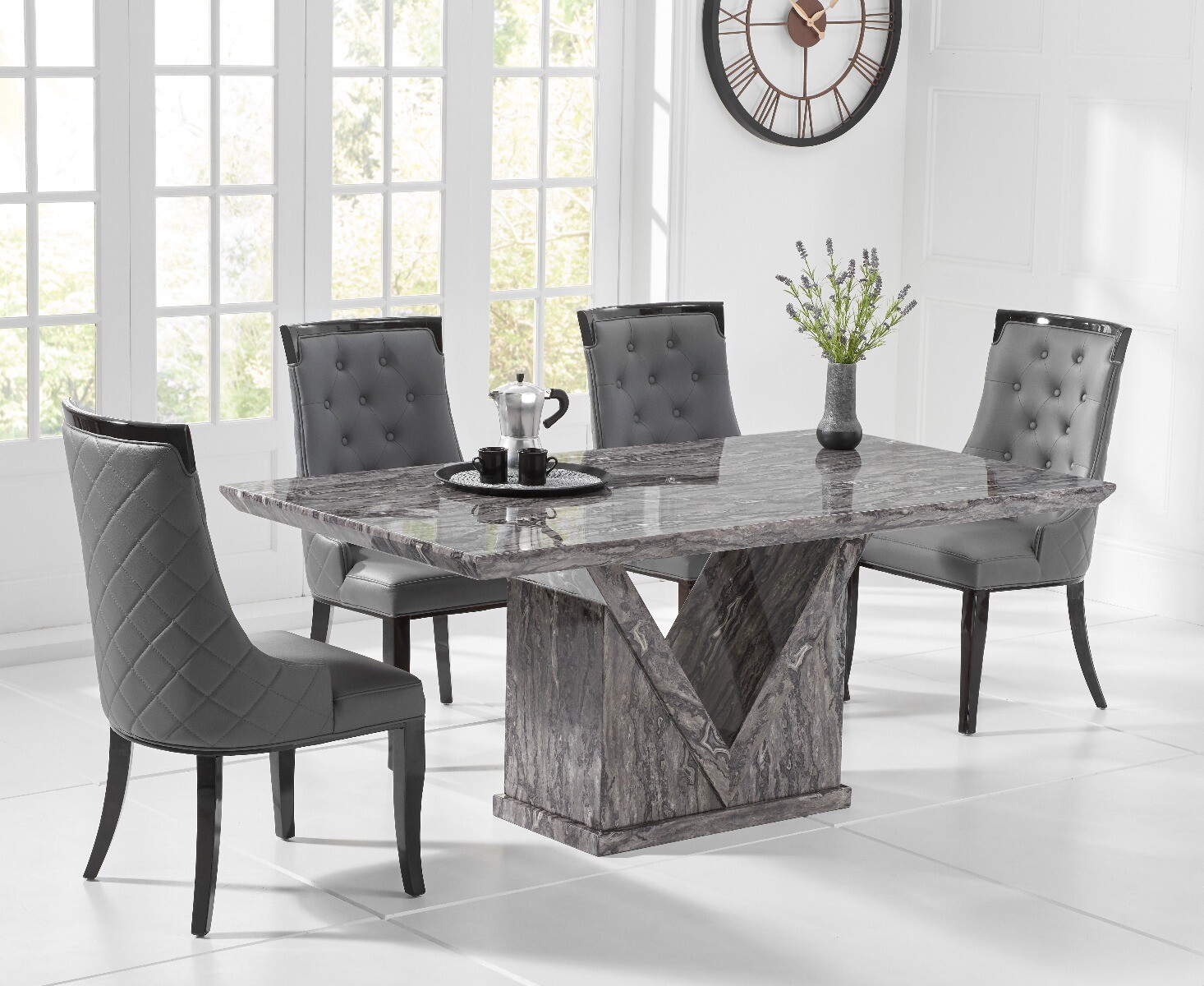 Product photograph of Milan 160cm Grey Marble Dining Table With 4 Cream Francesca Chairs from Oak Furniture Superstore