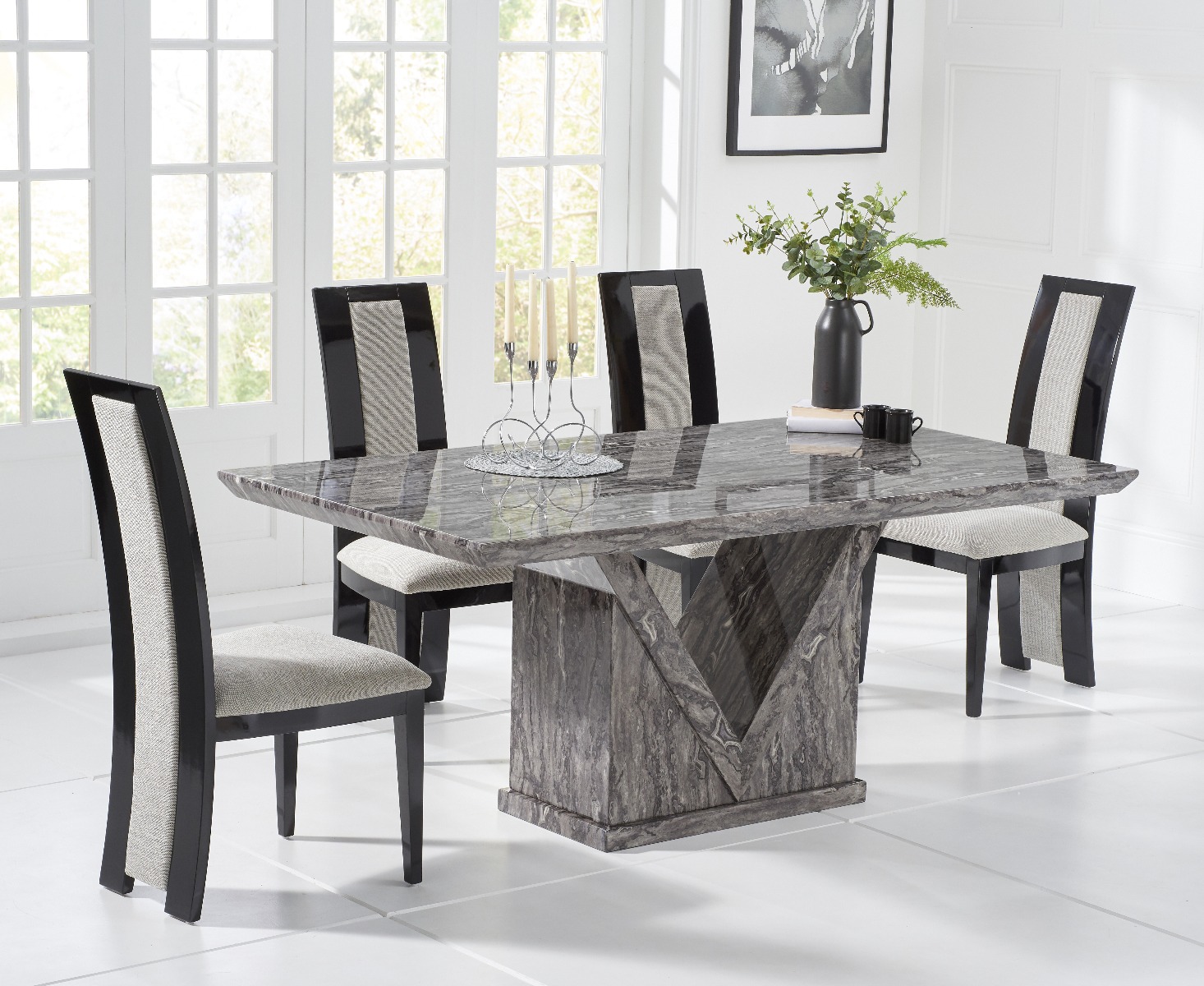 Milan 160cm Grey Marble Dining Table With 4 Black Novara Chairs