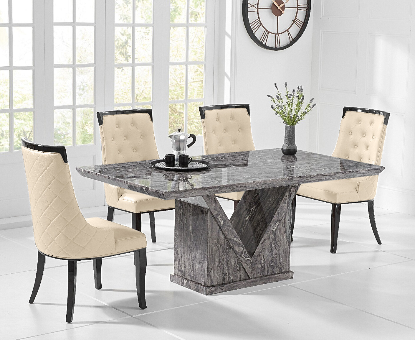 Product photograph of Milan 160cm Grey Marble Dining Table With 4 Grey Francesca Chairs from Oak Furniture Superstore