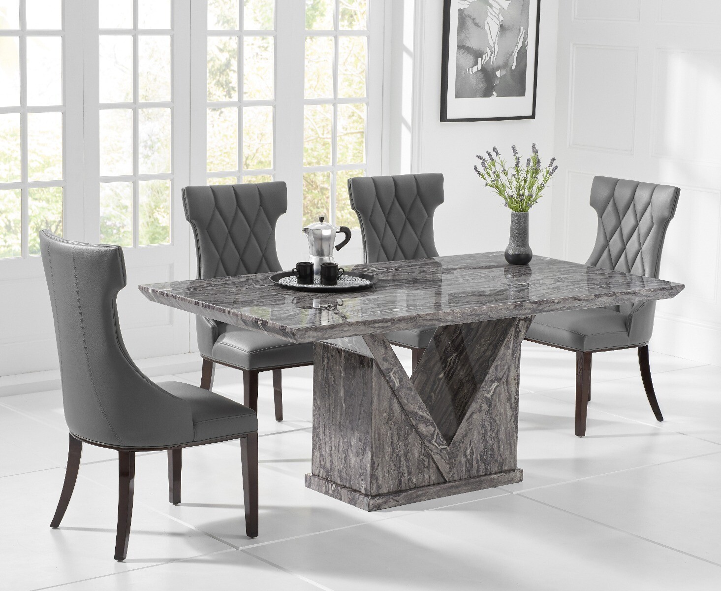 Product photograph of Milan 160cm Grey Marble Dining Table With 4 Grey Sophia Chairs from Oak Furniture Superstore