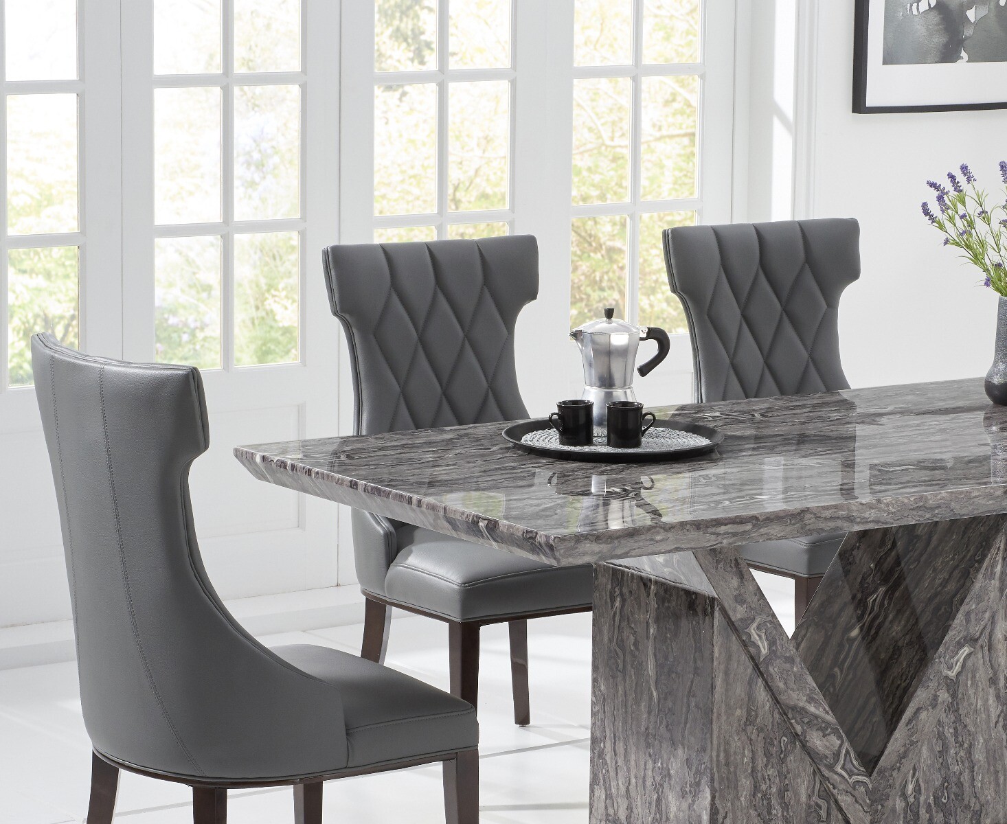 Photo 1 of Milan 160cm grey marble dining table with 4 grey sophia chairs