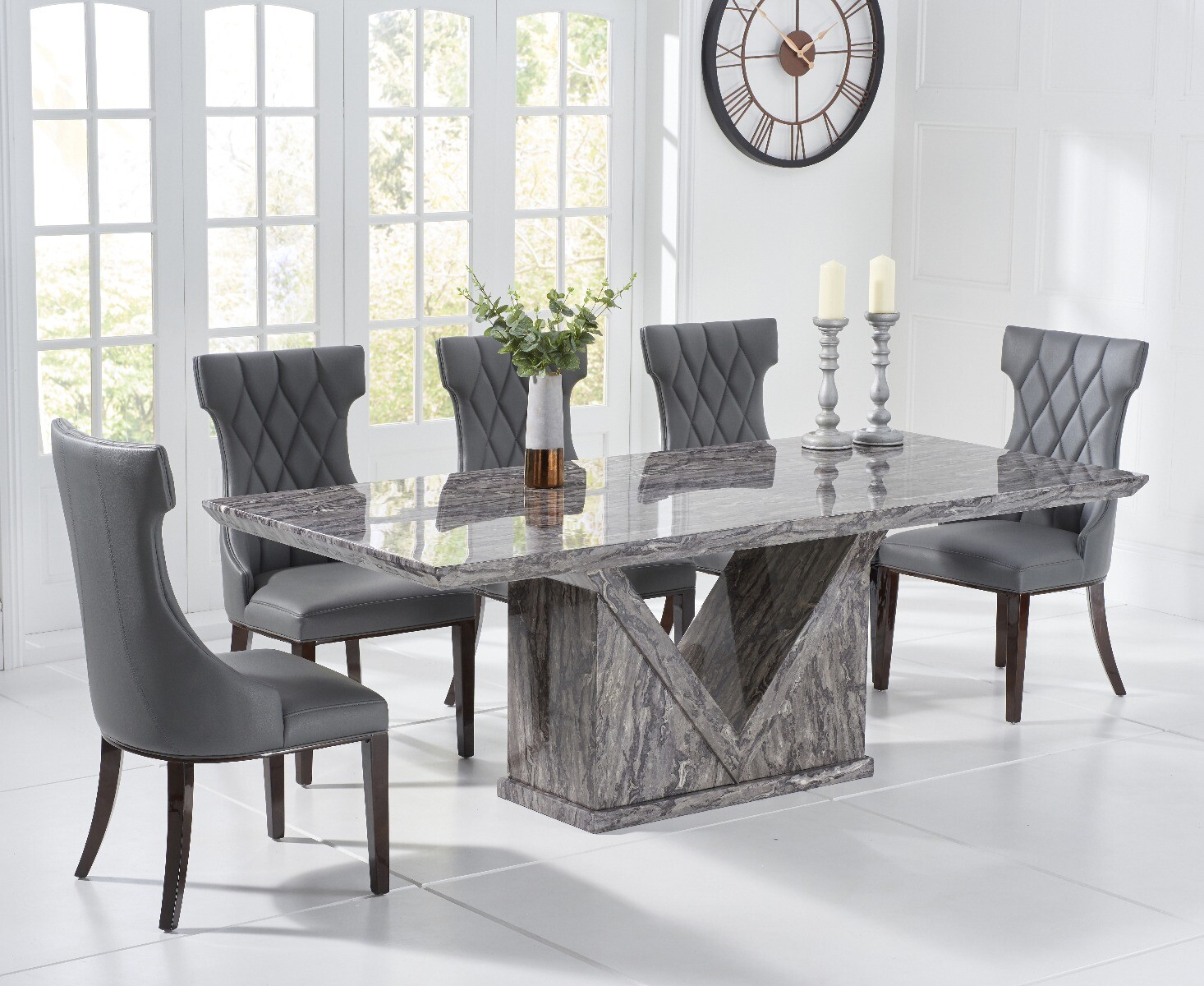 Mocha 160cm Grey Marble Dining Table With 4 Cream Sophia Chairs