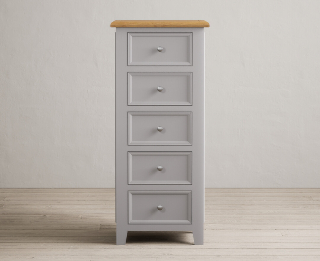 Product photograph of Weymouth Oak And Light Grey Painted 5 Drawer Tallboy from Oak Furniture Superstore