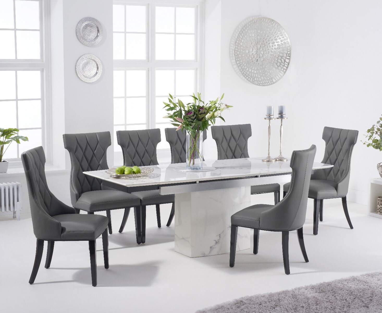 Photo 1 of Extending savona 160cm white marble dining table with 6 grey sophia chairs