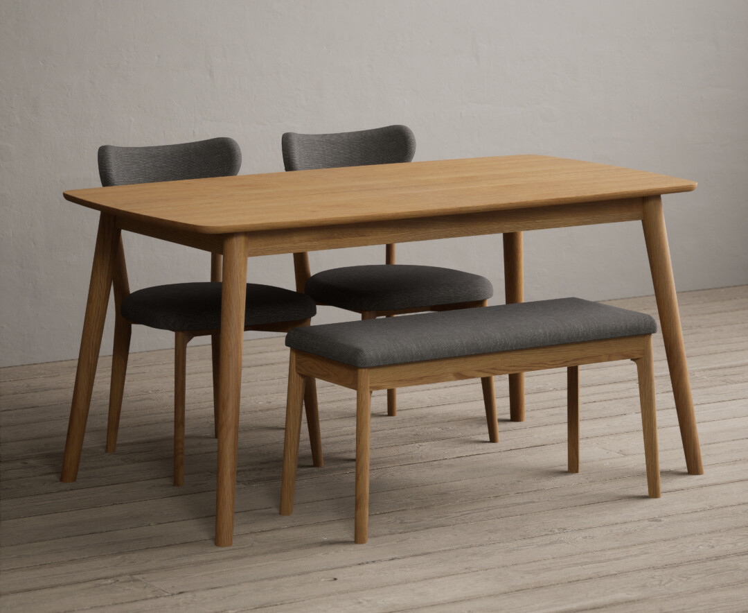 Photo 1 of Nordic 150cm solid oak dining table with 2 grey nordic chairs with 2 grey benches