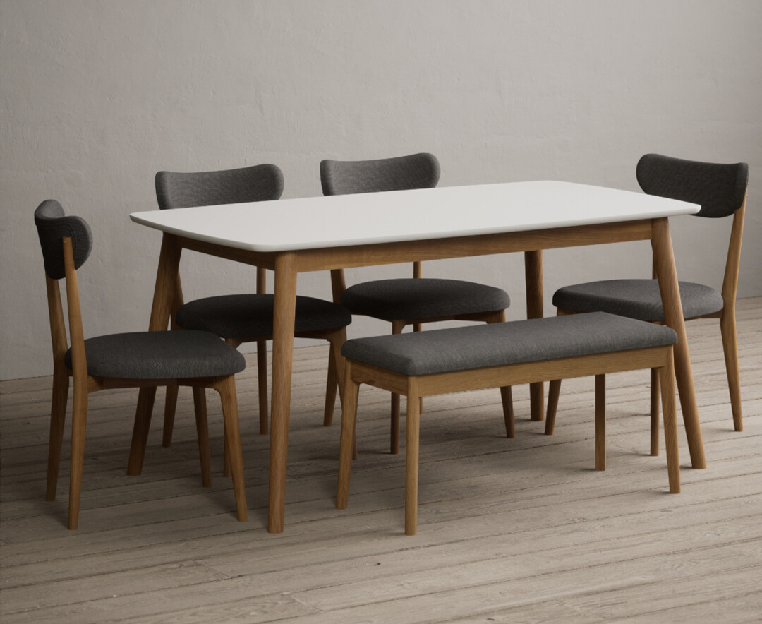 Photo 3 of Nordic 150cm solid oak and signal white painted dining table with 4 grey nordic chairs with 2 grey benches