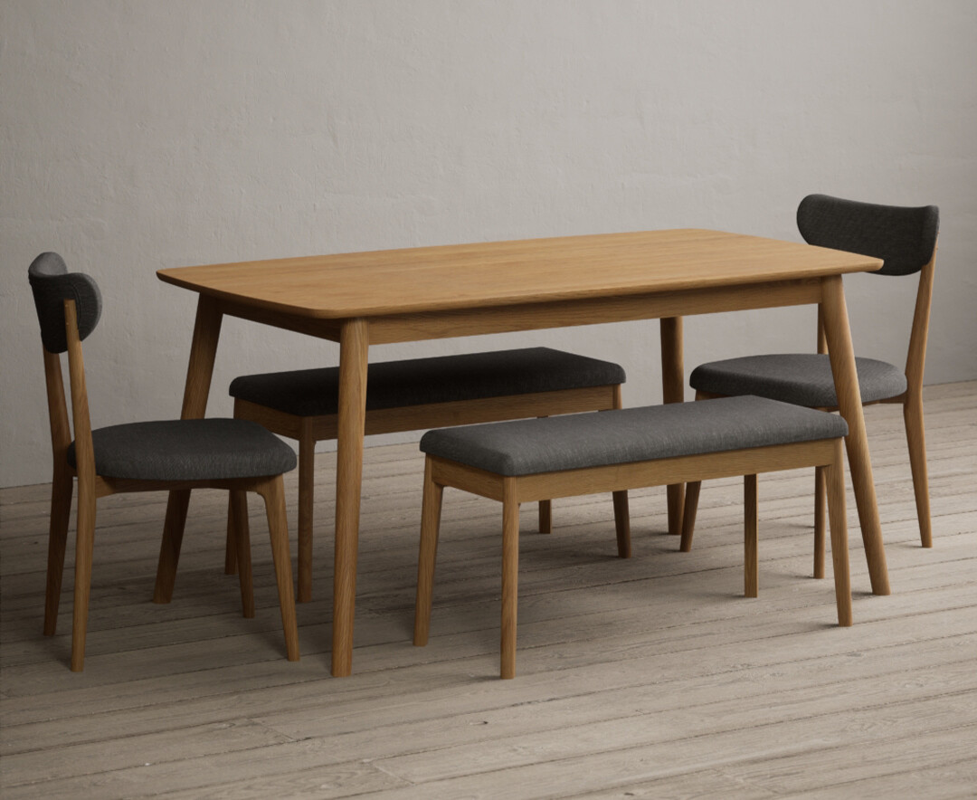 Photo 2 of Nordic 150cm solid oak dining table with 2 grey nordic chairs with 2 grey benches