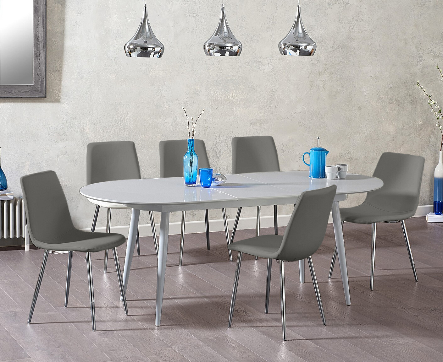 Olivia Extending Light Grey High Gloss Dining Table With 6 Grey Astrid Faux Leather Chairs