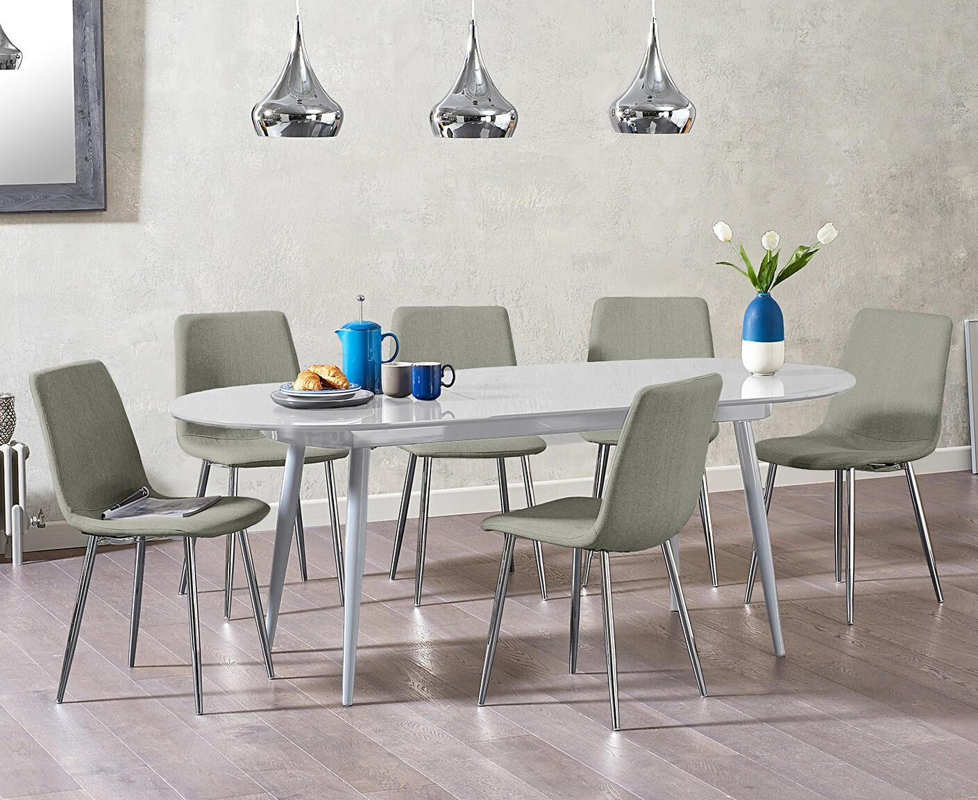 Olivia Extending Light Grey High Gloss Dining Table With 6 Grey Astrid Fabric Chairs
