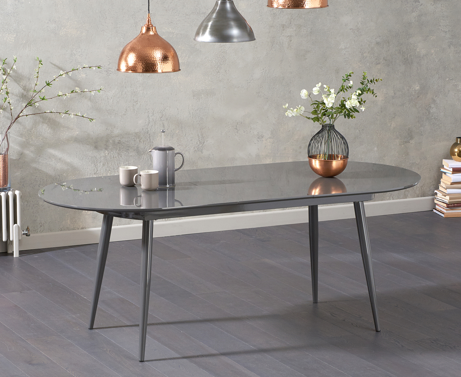 Photo 3 of Extending olivia dark grey high gloss dining table with 8 grey astrid chairs