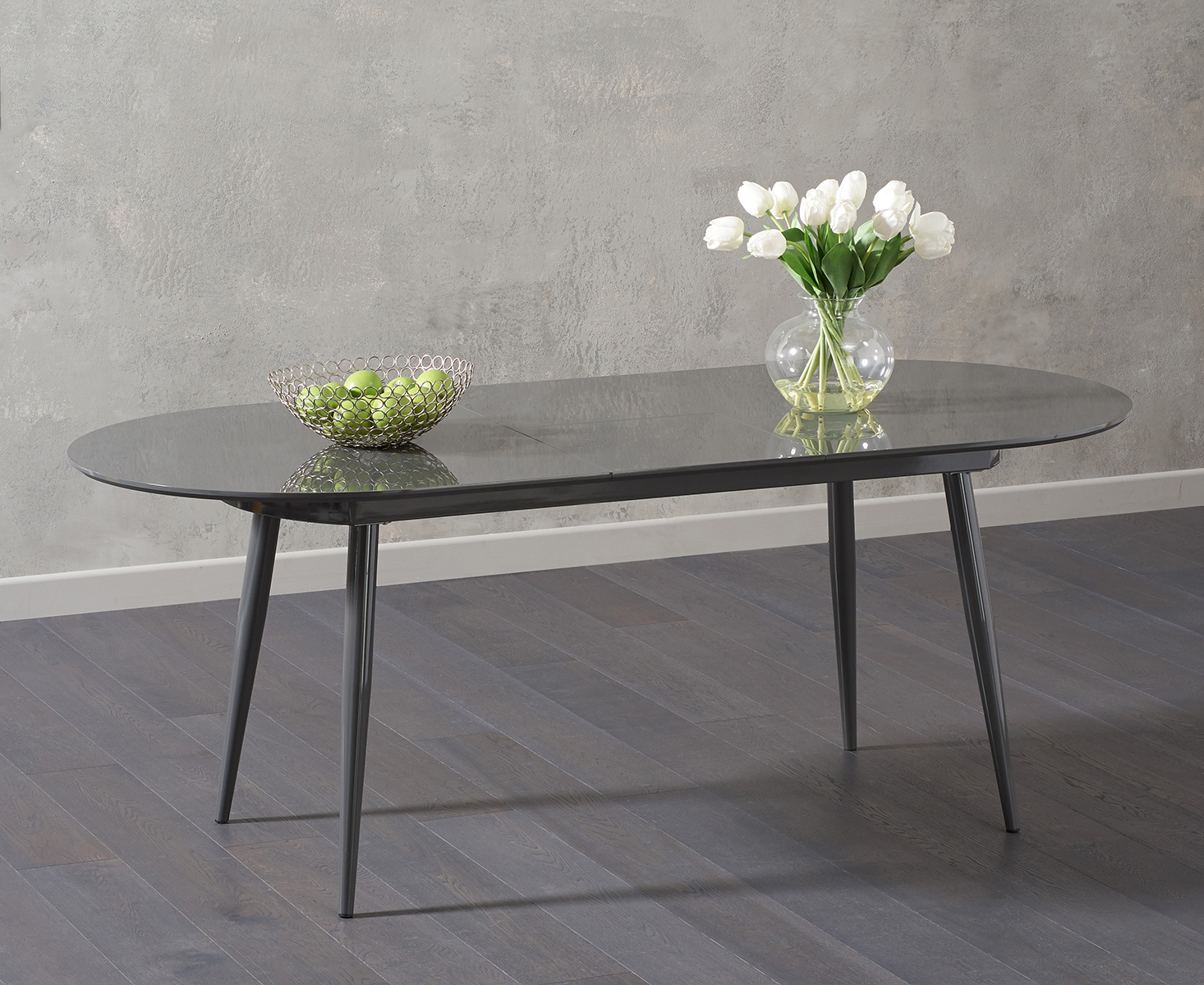 Photo 2 of Extending olivia dark grey high gloss dining table with 8 grey astrid chairs