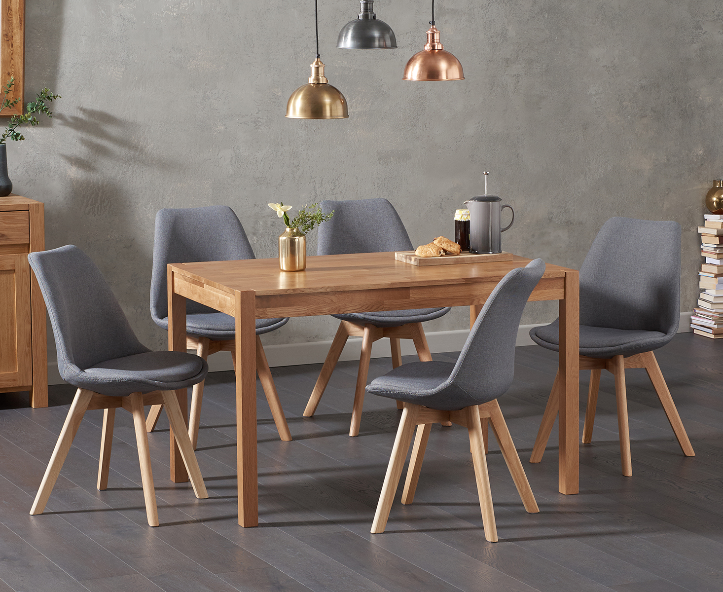 Product photograph of York 120cm Solid Oak Dining Table With 4 Dark Grey Orson Chairs from Oak Furniture Superstore