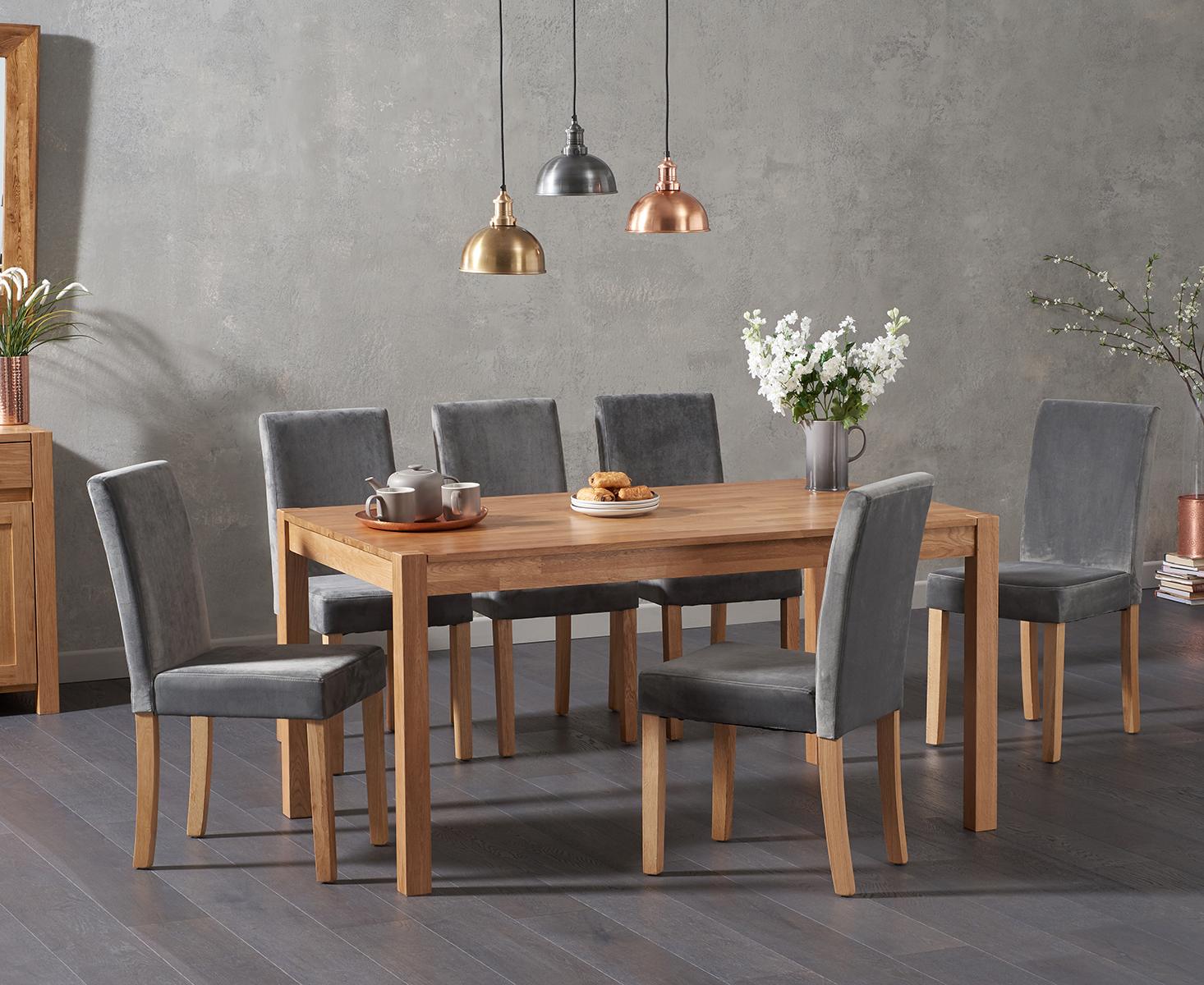 Product photograph of York 150cm Solid Oak Dining Table With 4 Grey Lila Grey Velvet Chairs from Oak Furniture Superstore
