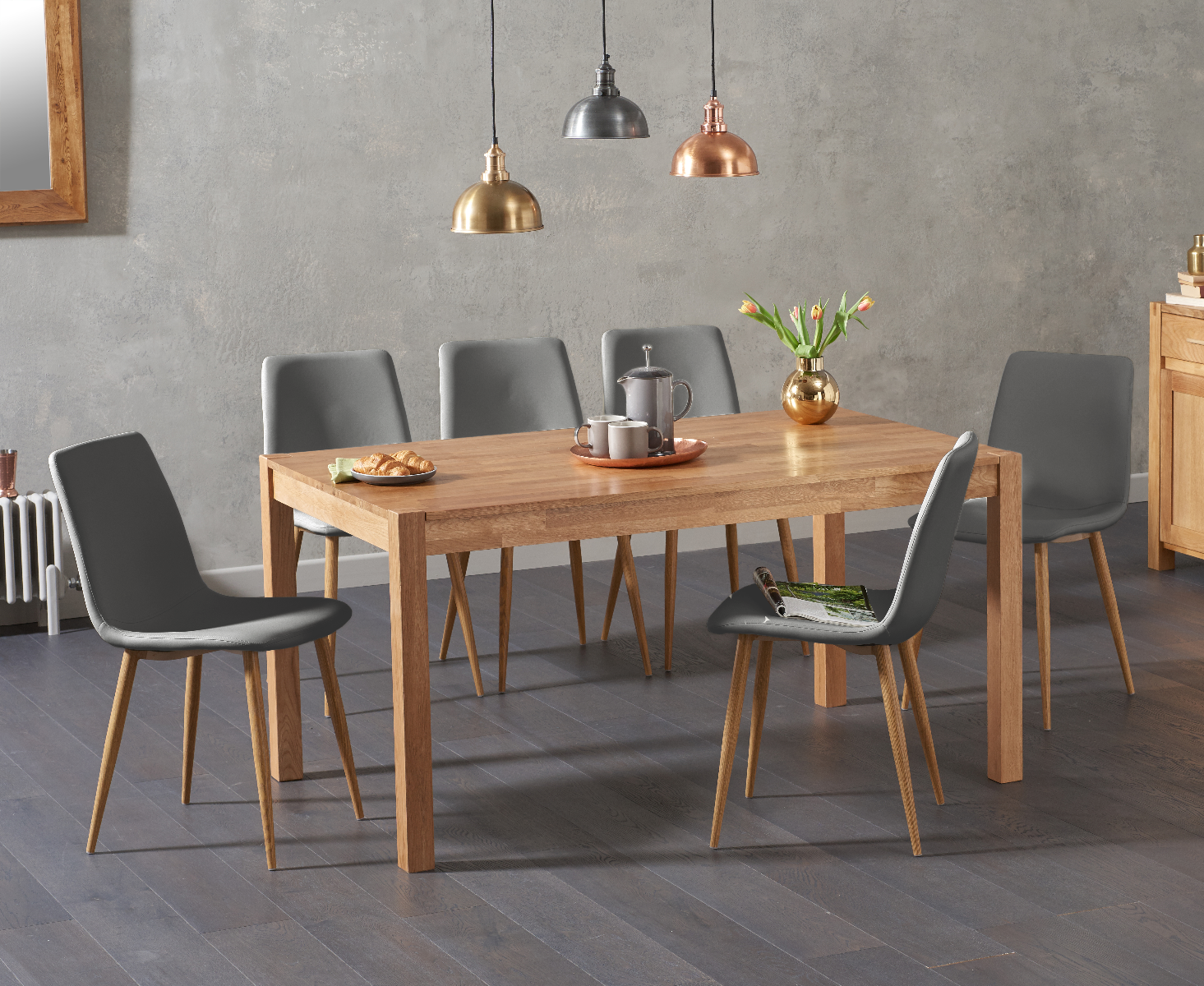 Oxford 150cm Solid Oak Dining Table With 8 Grey Astrid Faux Leather Chairs