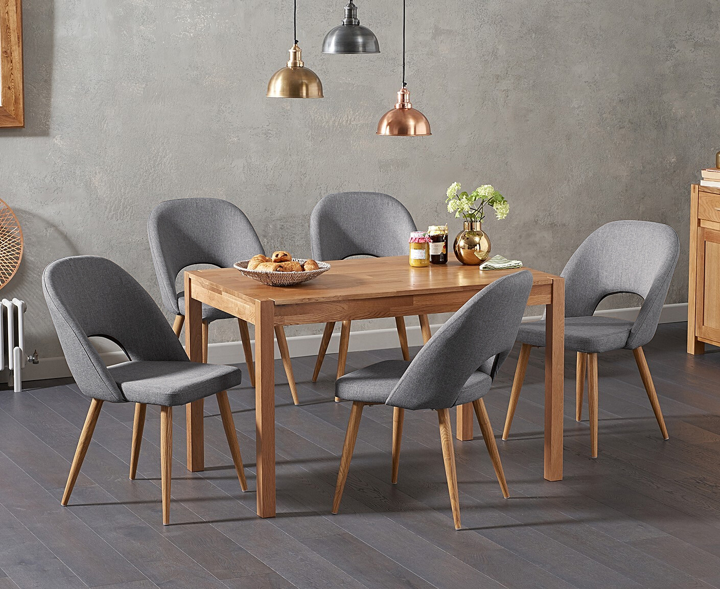 York 120cm Solid Oak Dining Table With 6 Grey Halifax Chairs