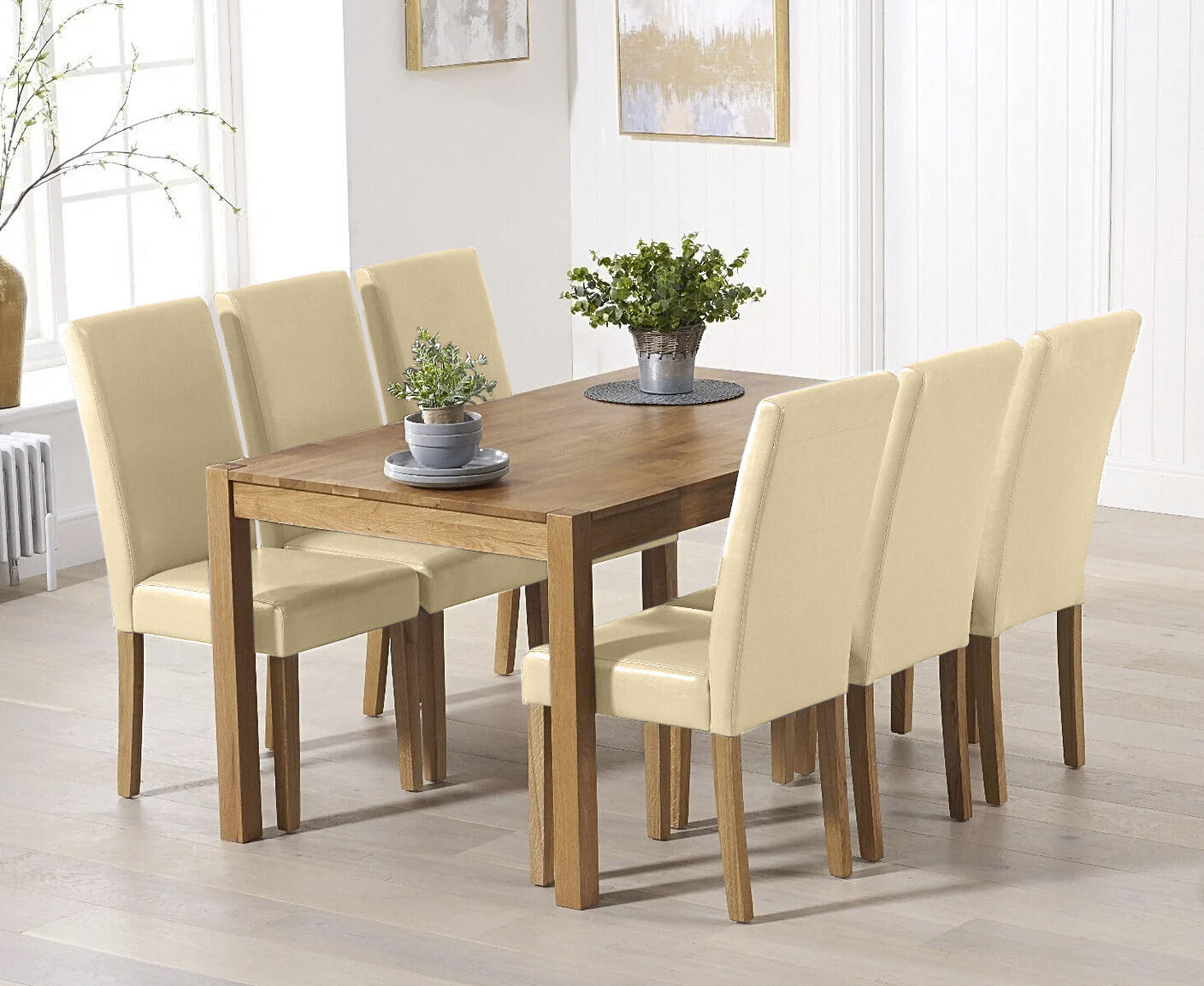 Product photograph of York 150cm Solid Oak Dining Table With 6 Cream Olivia Chairs from Oak Furniture Superstore