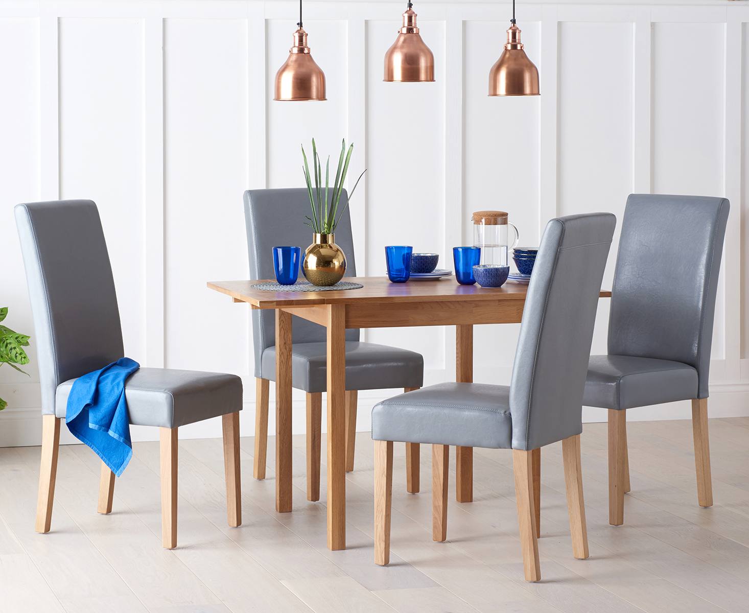 Oxford 70cm Solid Oak Extending Dining Table With 4 Grey Olivia Chairs