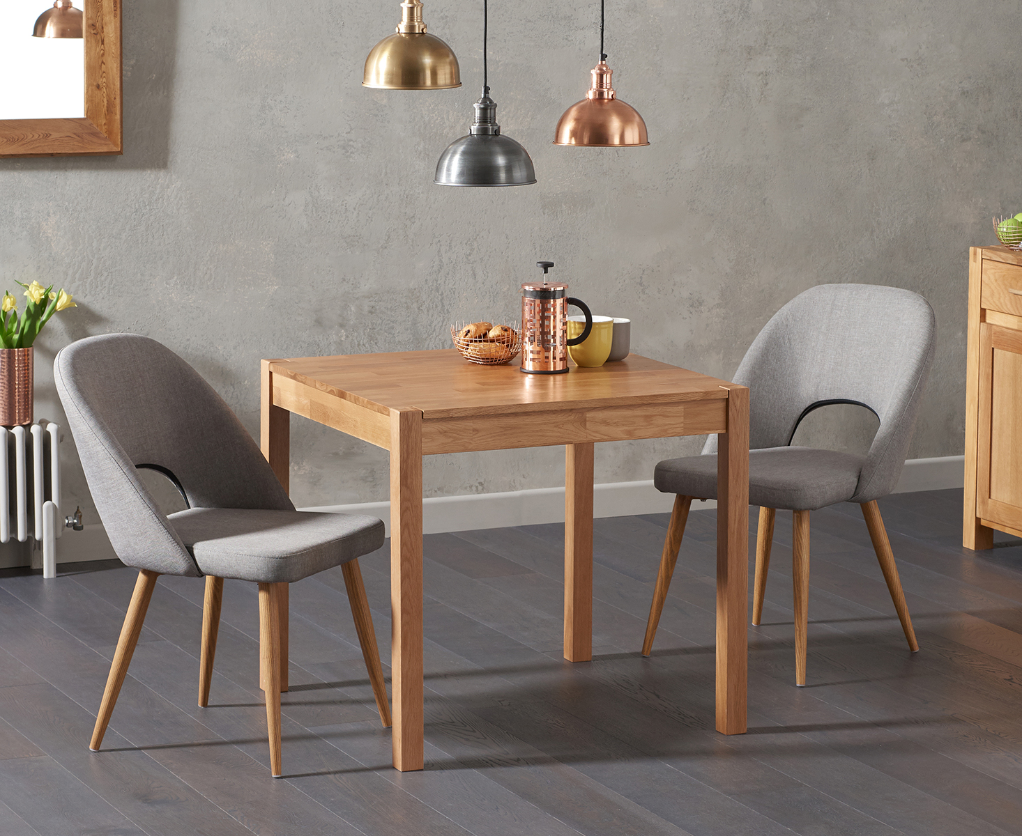 York 80cm Solid Oak Dining Table With 2 Grey Halifax Chairs