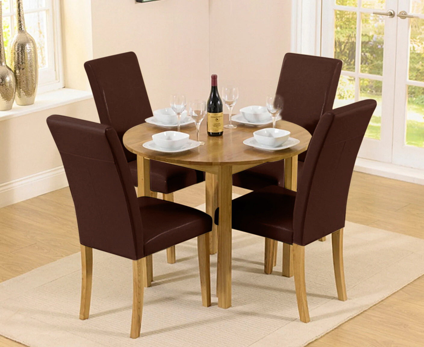 Extending York 90cm Solid Oak Drop Leaf Dining Table With 2 Brown Olivia Chairs