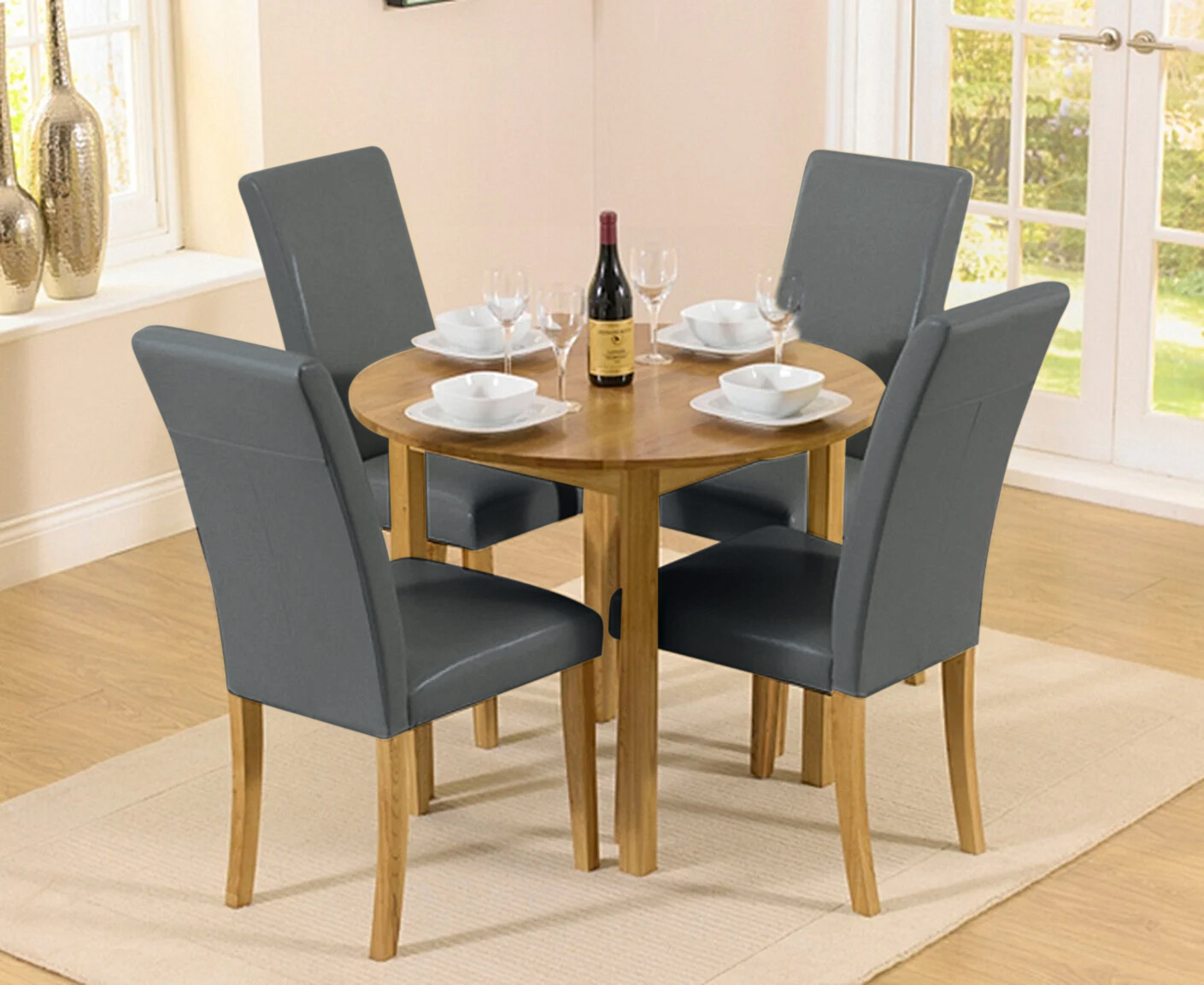 Extending York 90cm Solid Oak Drop Leaf Dining Table With 4 Grey Olivia Chairs