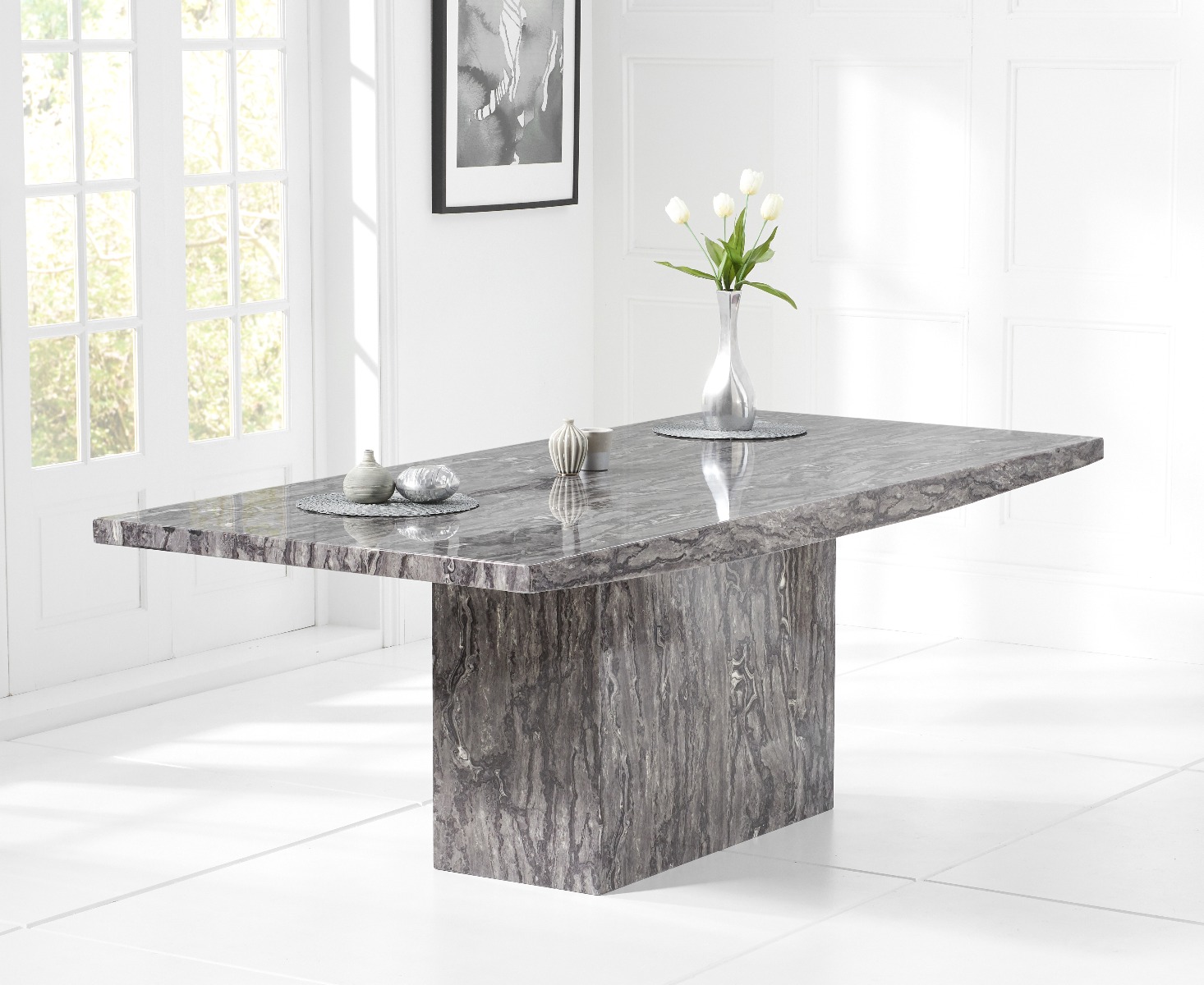 Photo 1 of Crema 160cm grey marble dining table with 8 grey sophia chairs