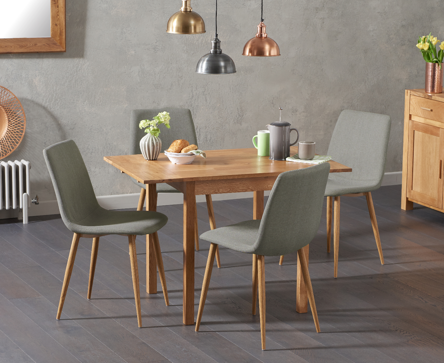 Product photograph of Extending York 70cm Solid Oak Dining Table With 4 Grey Astrid Fabric Chairs from Oak Furniture Superstore