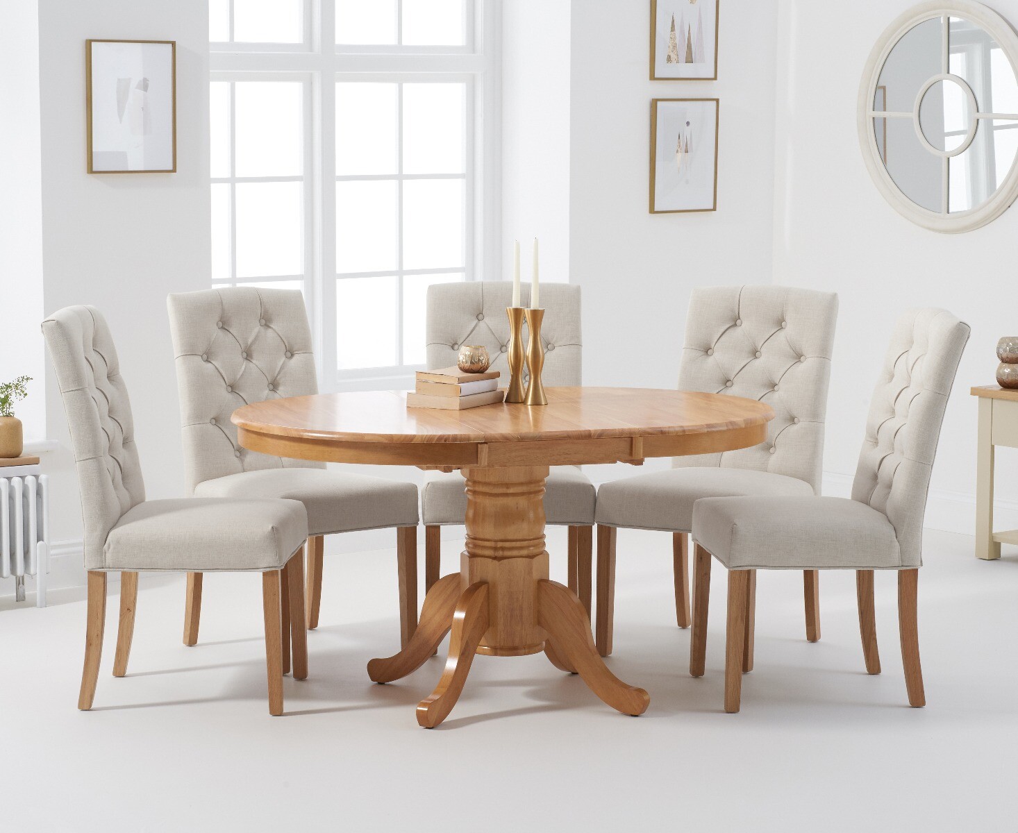 Product photograph of Extending Epsom Oak Pedestal Table With 4 Natural Isabella Chairs from Oak Furniture Superstore