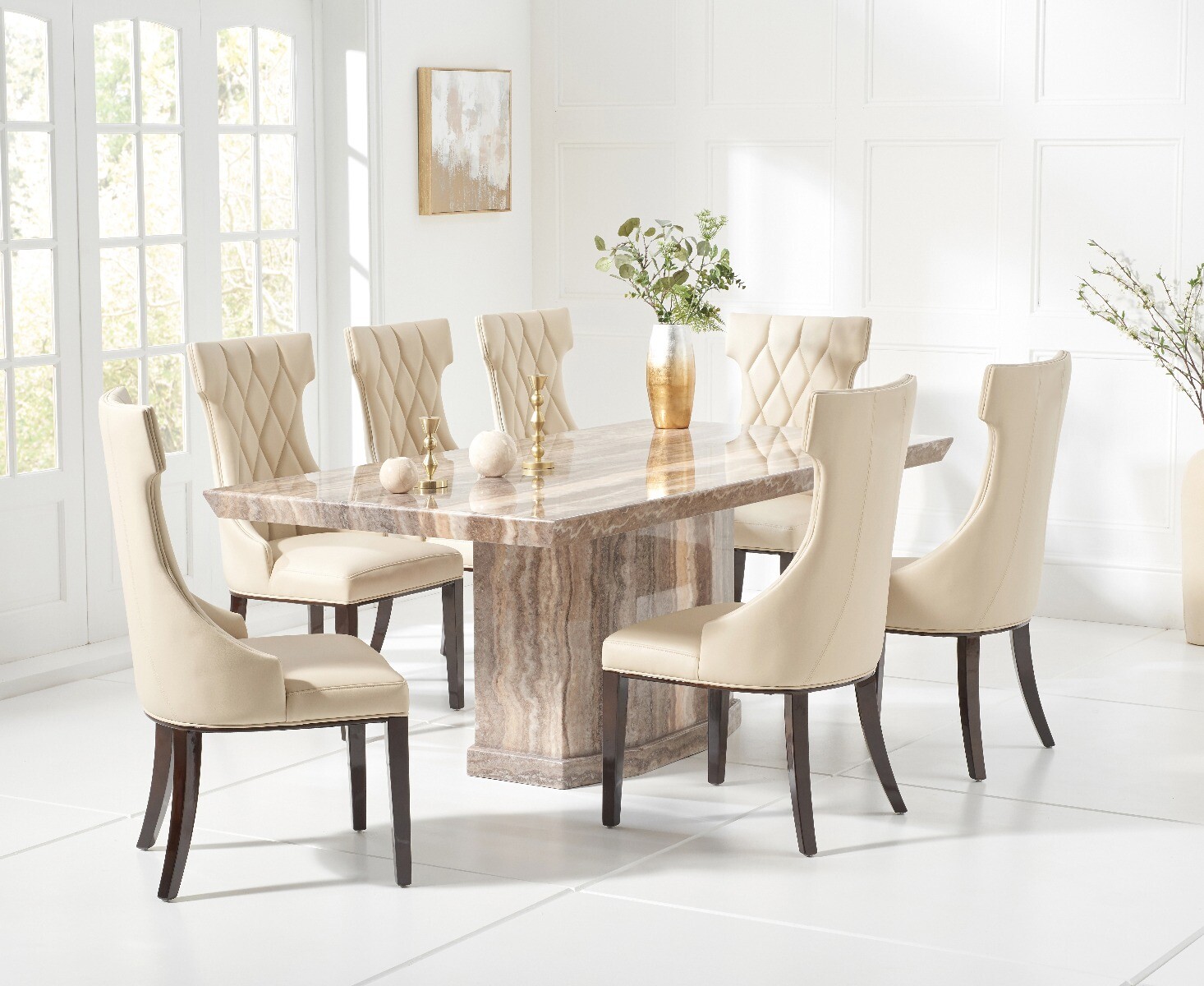 Photo 1 of Carvelle 160cm brown pedestal marble dining table with 8 cream sophia chairs