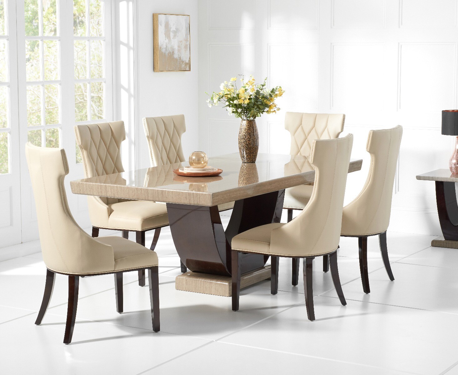 Photo 1 of Novara 170cm brown pedestal marble dining table with 4 cream sophia chairs