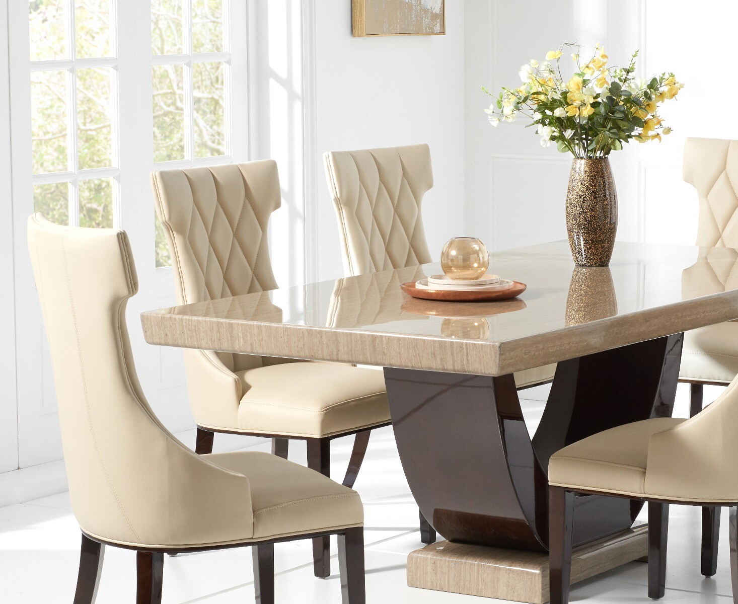 Photo 2 of Novara 170cm brown pedestal marble dining table with 6 cream sophia chairs