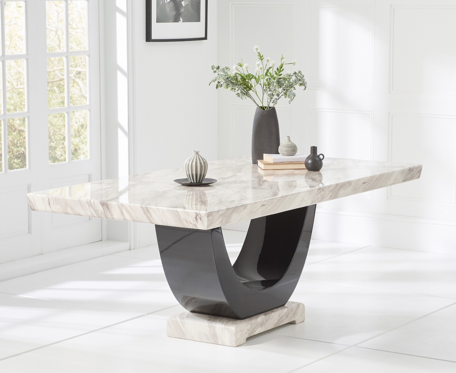 Photo 1 of Raphael 170cm cream and black pedestal marble dining table with 4 black novara chairs