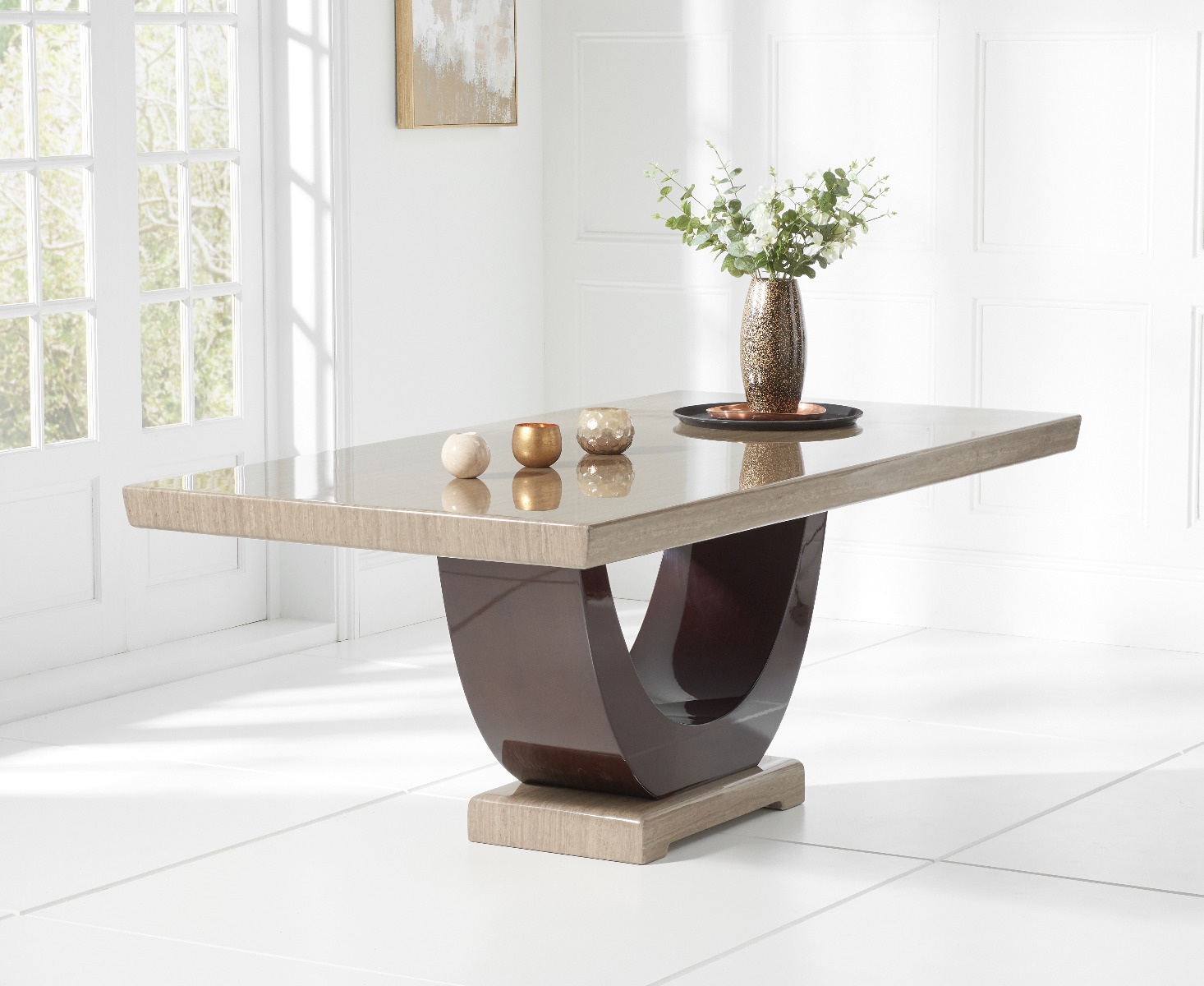Photo 4 of Novara 200cm brown pedestal marble dining table with 6 brown novara chairs