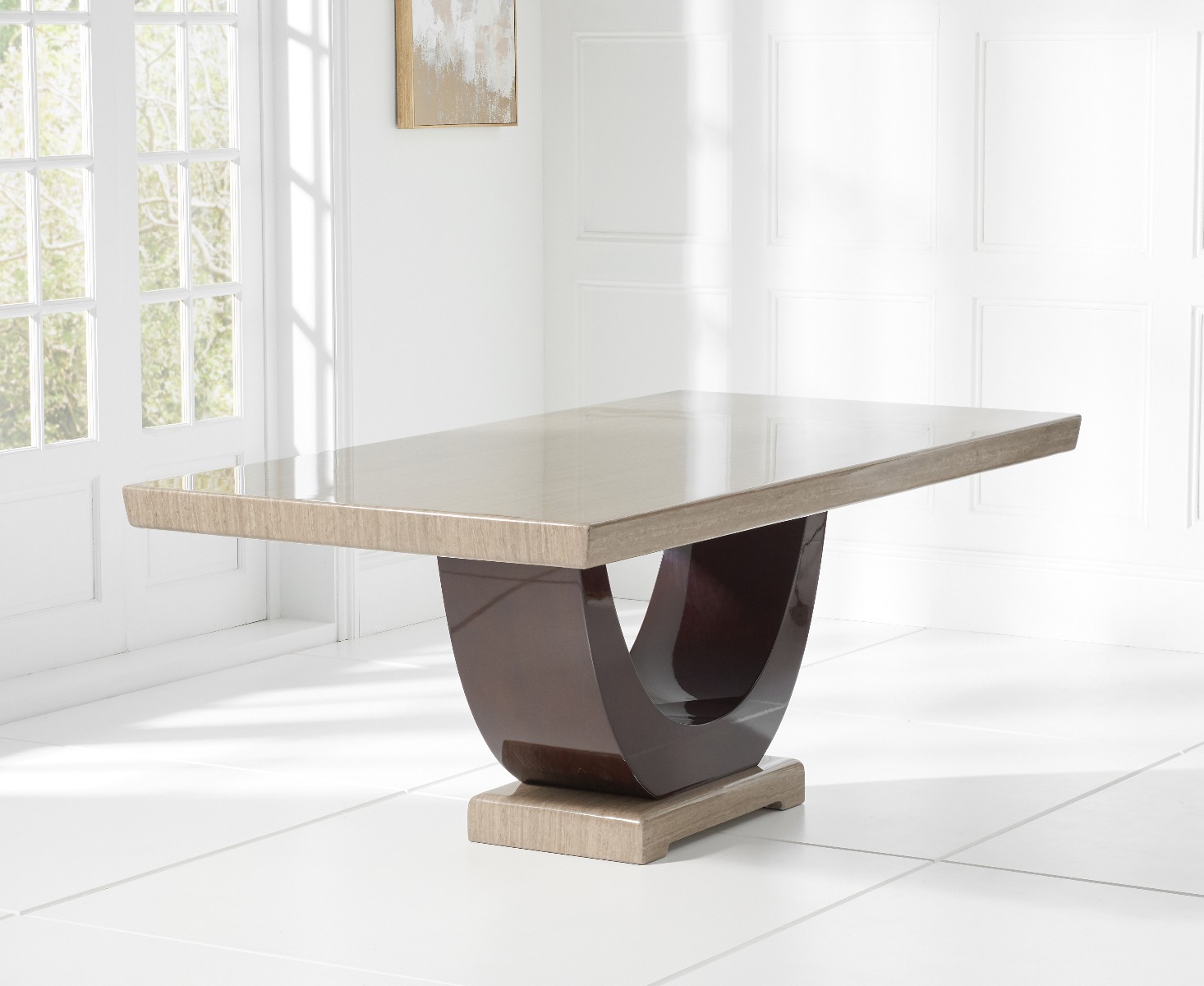 Photo 5 of Novara 170cm brown pedestal marble dining table with 4 grey sophia chairs