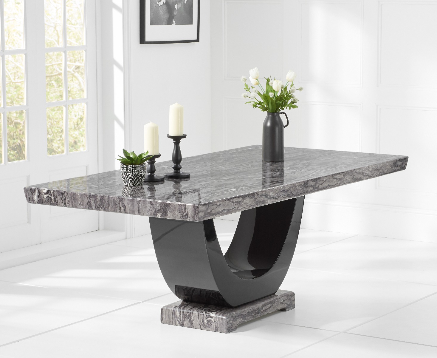Photo 1 of Raphael 170cm dark grey pedestal marble dining table with 4 black novara chairs