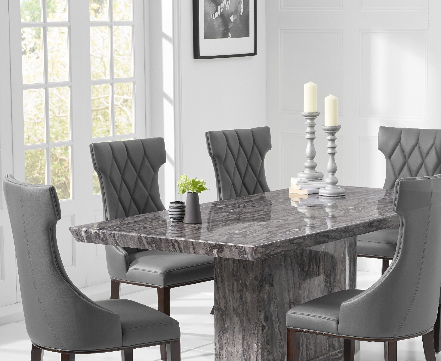 Photo 3 of Carvelle 160cm grey pedestal marble dining table with 4 grey sophia chairs